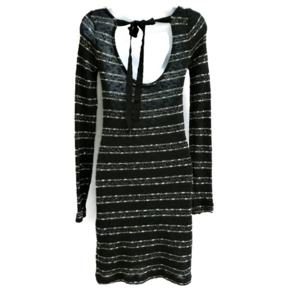 MeTaLLiC Three Dots USA Sweater Dress Ribbed Knit Silver Lurex Striping S